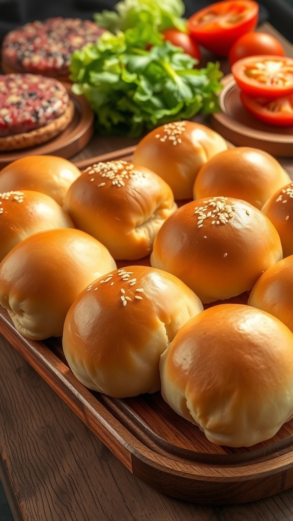 Freshly baked hamburger buns on a wooden table, some topped with sesame seeds, ready for burgers.